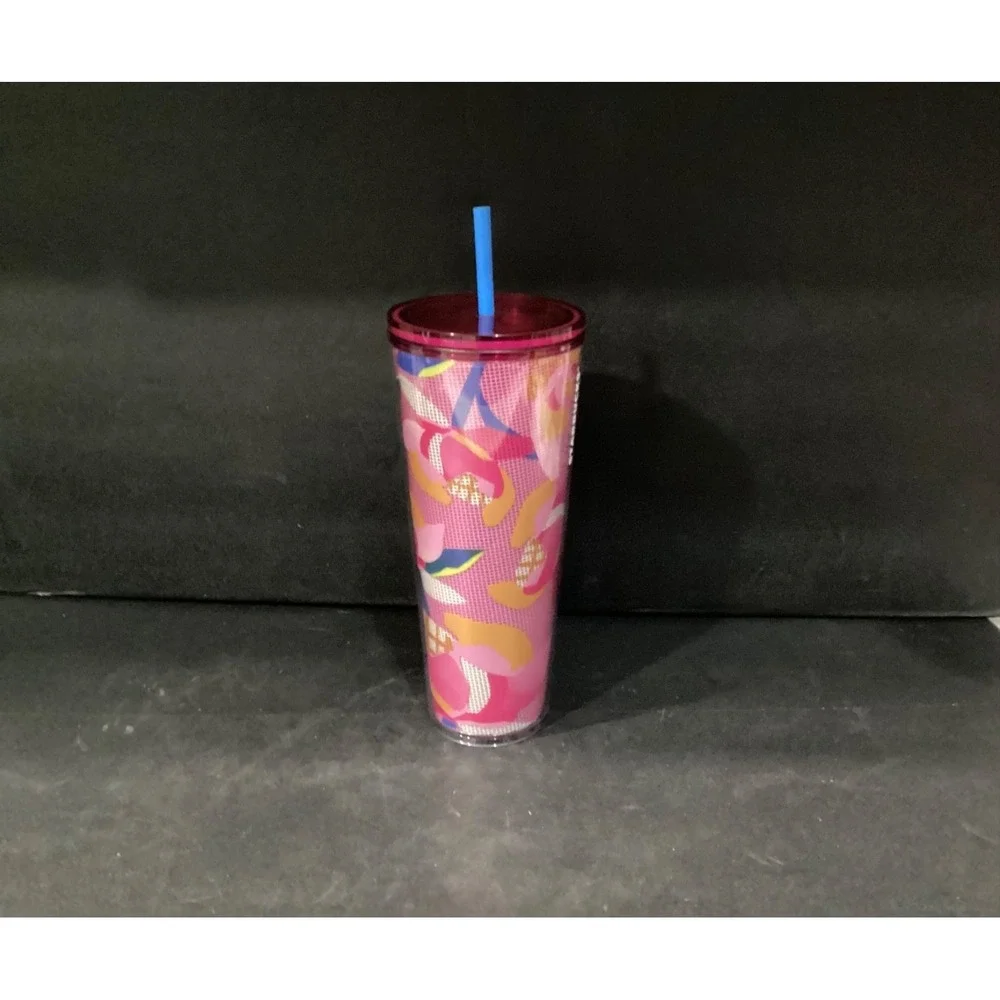 STARBUCKS Spring 2023 Pink Floral Cold Cup Tumbler Venti‎ 24 oz Blue Straw